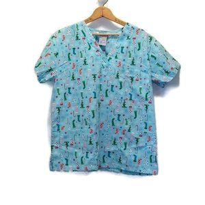 Just Love Size M V Neck Multiple Pockets Christmas Holiday Theme Scrub Top
